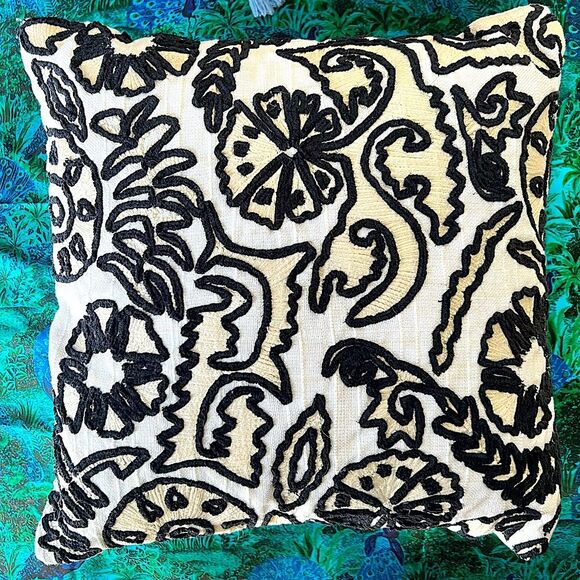 Anthropologie Embroidered Black White and Tan Paola Accent Pillow